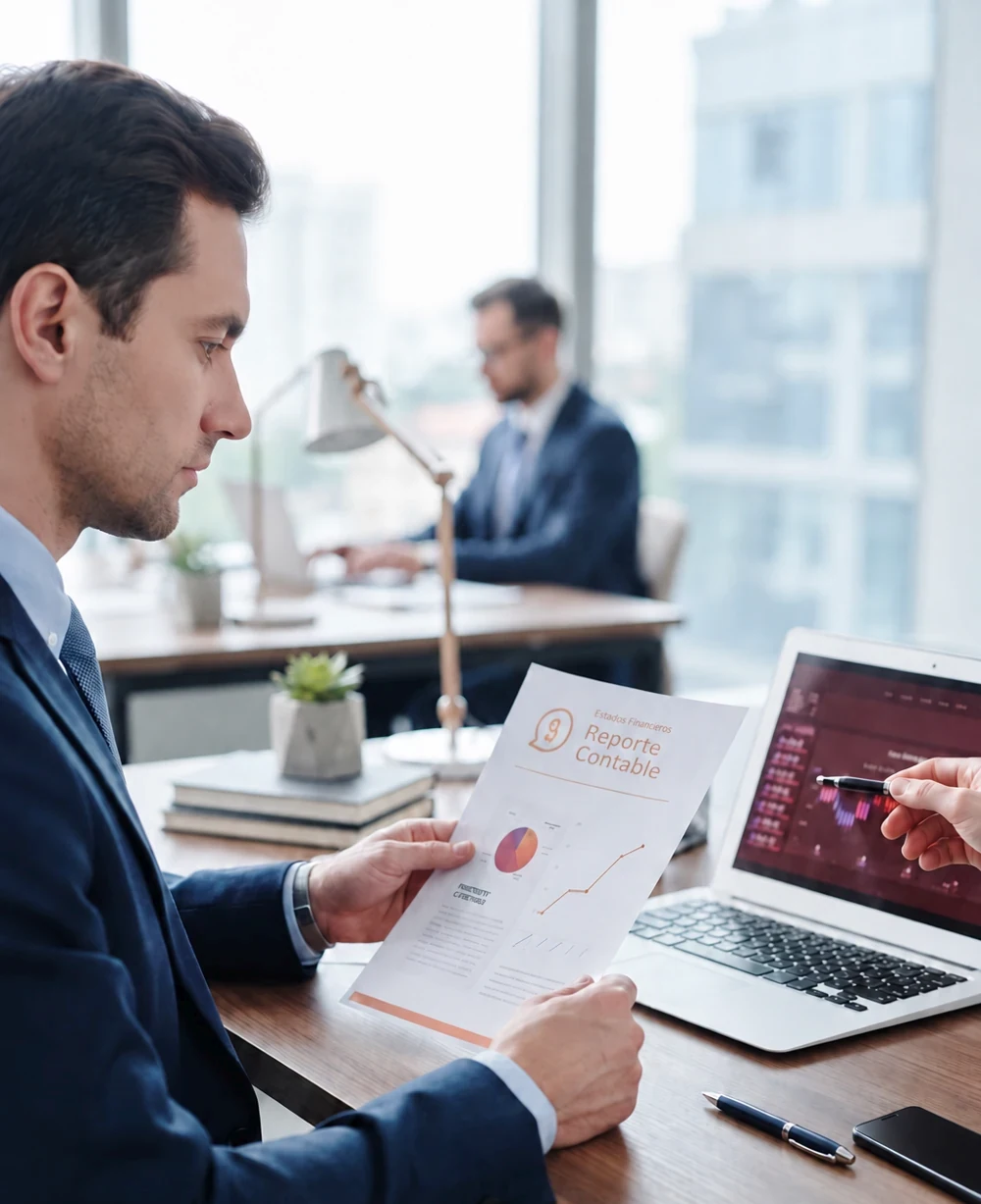 Imagen ilustrativa de profesionales revisando reportes con una computadora